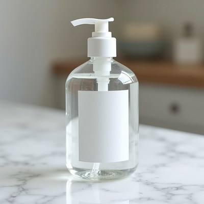 Clear pump bottle on countertop