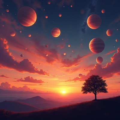 Sunset with planets in the sky