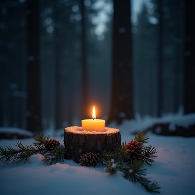 Candle in snow forest at night