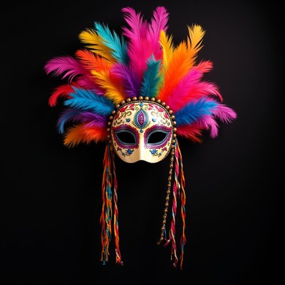 Colorful feather mask hanging on black wall