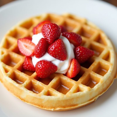 Waffle with strawberries and cream served