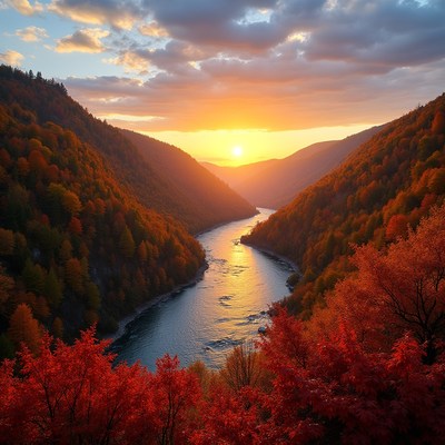 Sunset over river valley in autumn