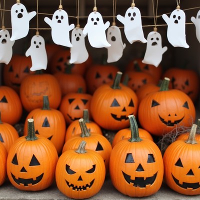 Halloween pumpkins and ghosts display
