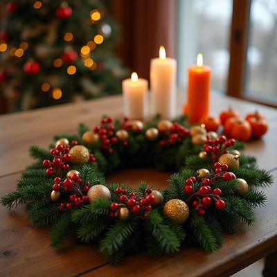 Holiday wreath with candles on table