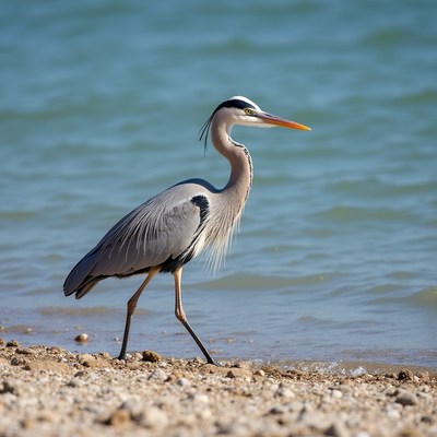 Gray heron walks by the water
