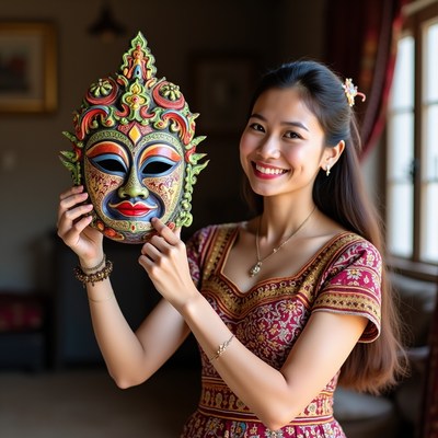 Woman holding colorful mask inside room
