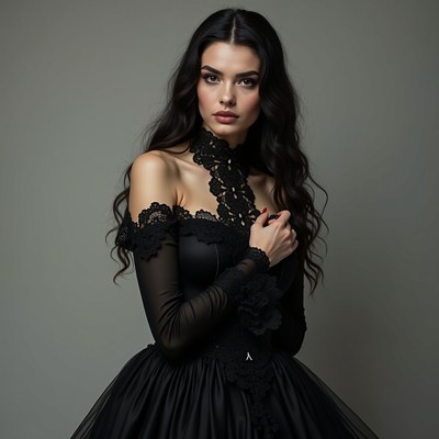 Woman in dark dress poses for camera