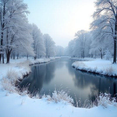 Winter scene by the frozen lake