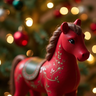 Horse toy in front of christmas tree