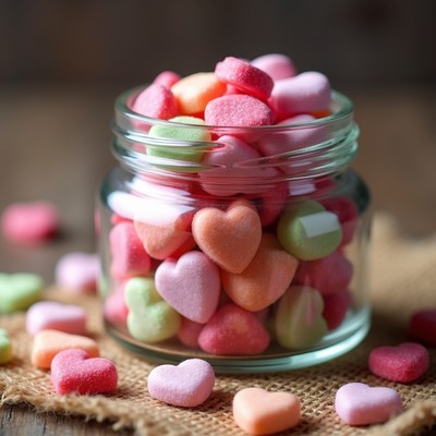 Colorful heart-shaped candy in jar