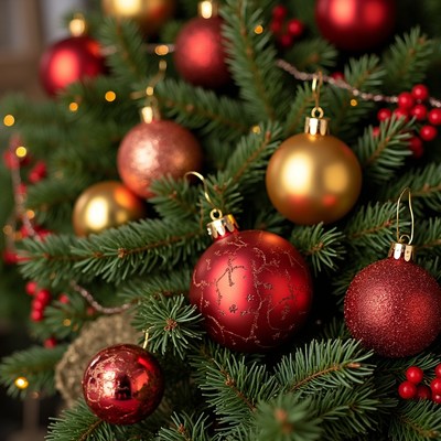 Decorating a christmas tree with red ornaments