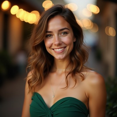 Woman smiling in green dress at night