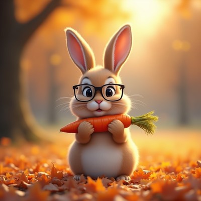 Rabbit holds carrot in autumn