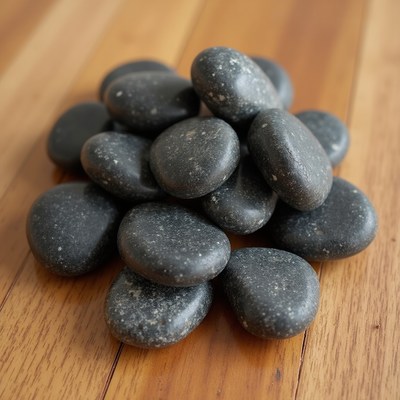 Black stones stacked on wood surface