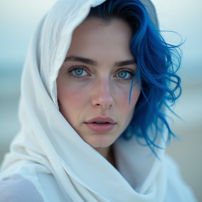 Woman with blue hair in white scarf