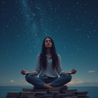 Woman meditating under starry sky