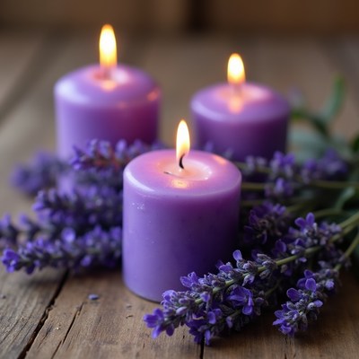 Purple candles with lavender flowers arranged