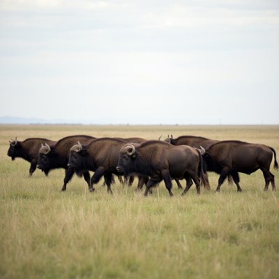 Herd of buffalo walking in grassland