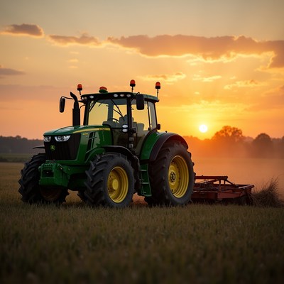 Tractor working in the field at sunset