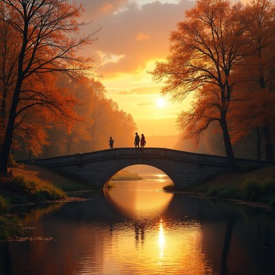 People walk on bridge at sunset