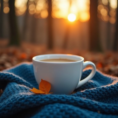 Warm drink at sunset in the forest