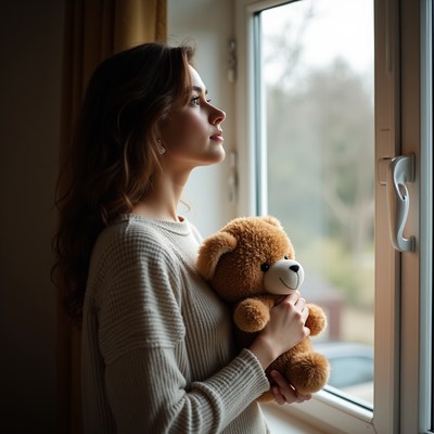 Woman holds teddy bear by window