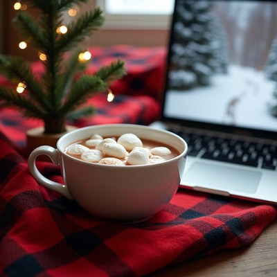 Warm drink by laptop in winter