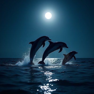 Dolphins jumping at night near moonlight