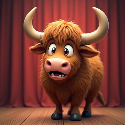 Cartoon cow on stage performing