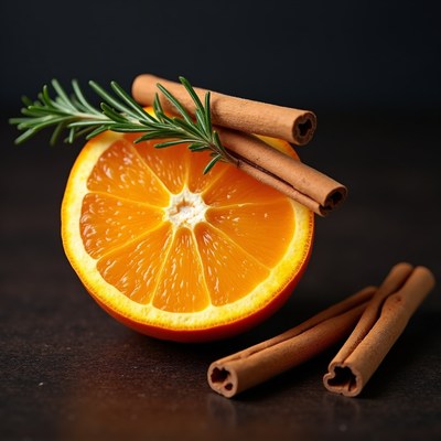 Orange slice with cinnamon and rosemary