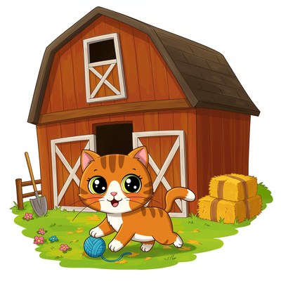 Cartoon cat plays by barn