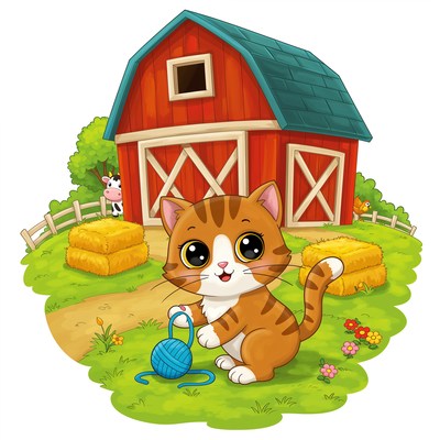 Kitten with yarn at the farm