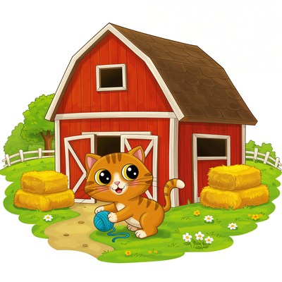 Cute kitten plays near barn