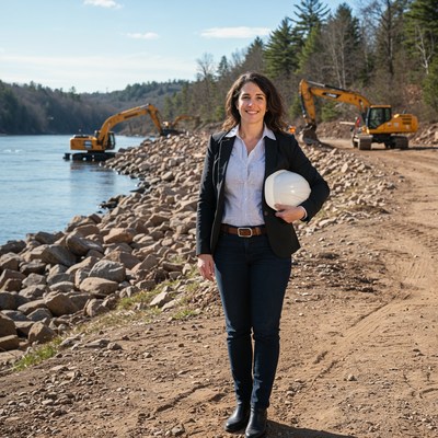 Woman inspects river construction site