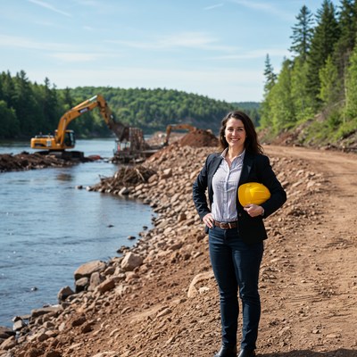 Engineer supervising river construction site