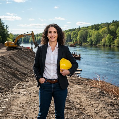 Female engineer at river construction site