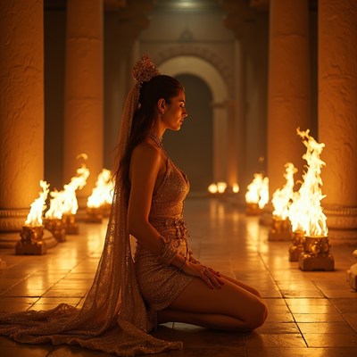 Woman in gold before flames