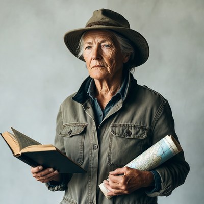 Woman with map and book in study