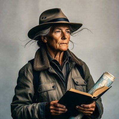 Older woman reading in old clothes