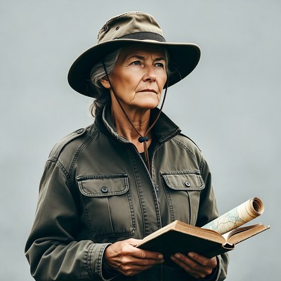 Elderly woman reading outdoors with map