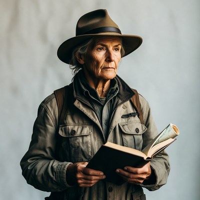 Mature person reads book outdoors
