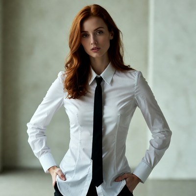 Woman wearing a white shirt and black tie