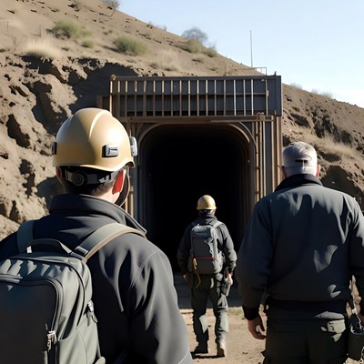 Workers approach a mine entrance at dawn