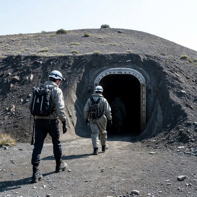 Explorers approaching a mountain entrance