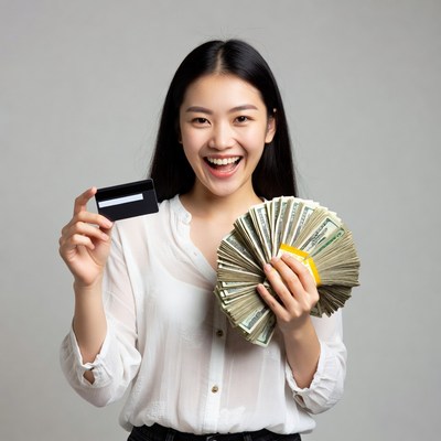 Young woman holds cash and card