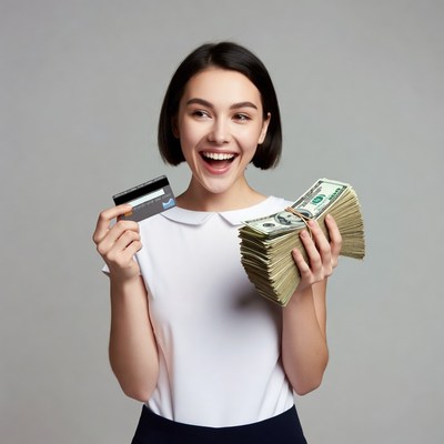 Smiling person holds cash and card