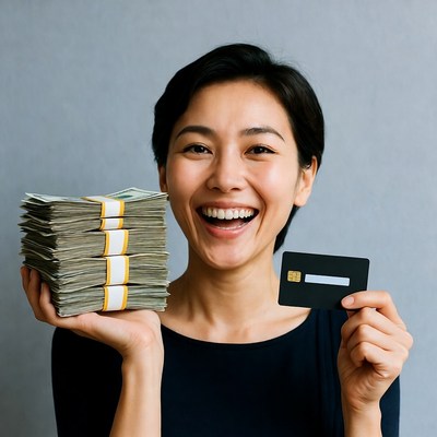 Woman holds cash and card