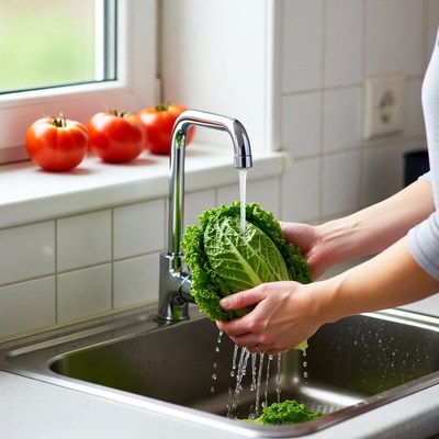 Washing vegetables in a kitchen sink