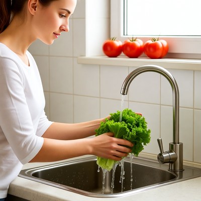 Washing lettuce in the kitchen