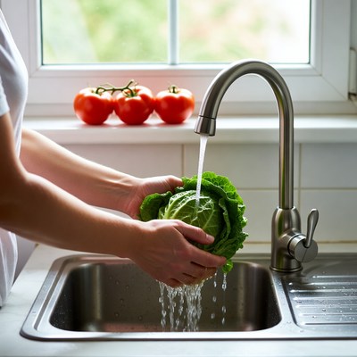 Washing vegetables at kitchen sink